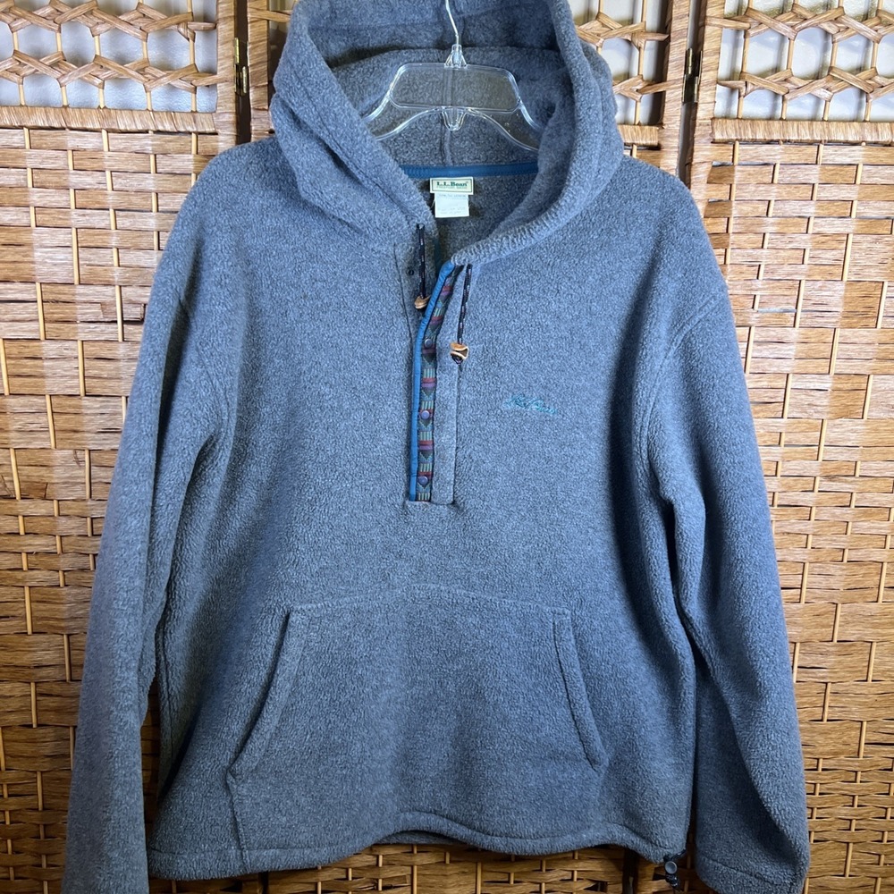 90's Vtg LL Bean Snap Fleece Pullover Men's Large Gray Jacket Cursive USA Hood